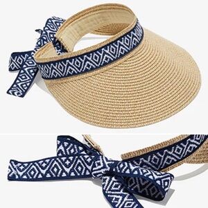 Sea & Grass Straw Sun Visor with Ikat Ribbon